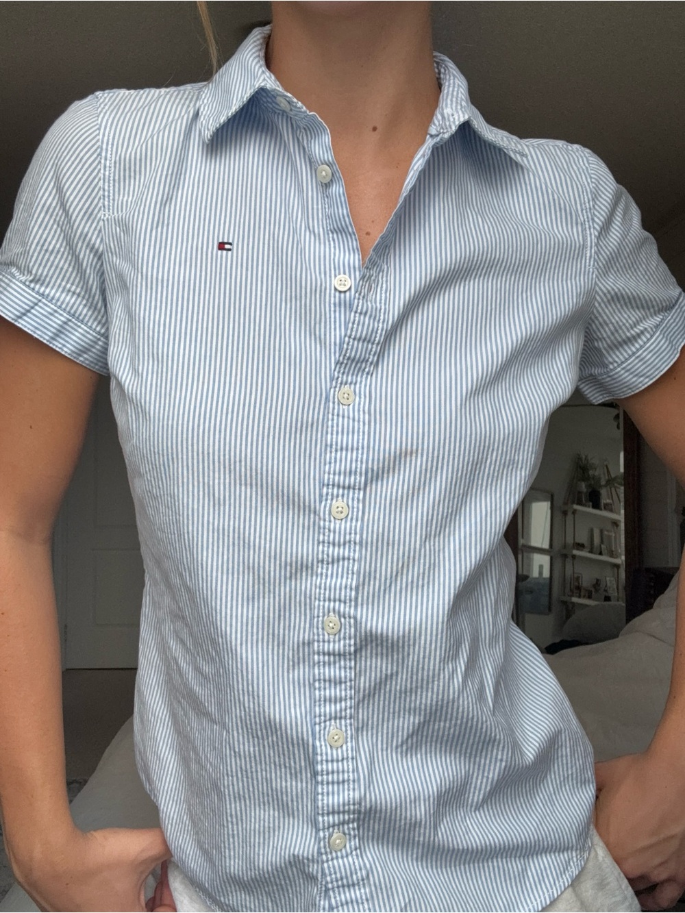 Tommy Hilfiger Light Blue and White Striped Short-Sleeve Button-Down Shirt